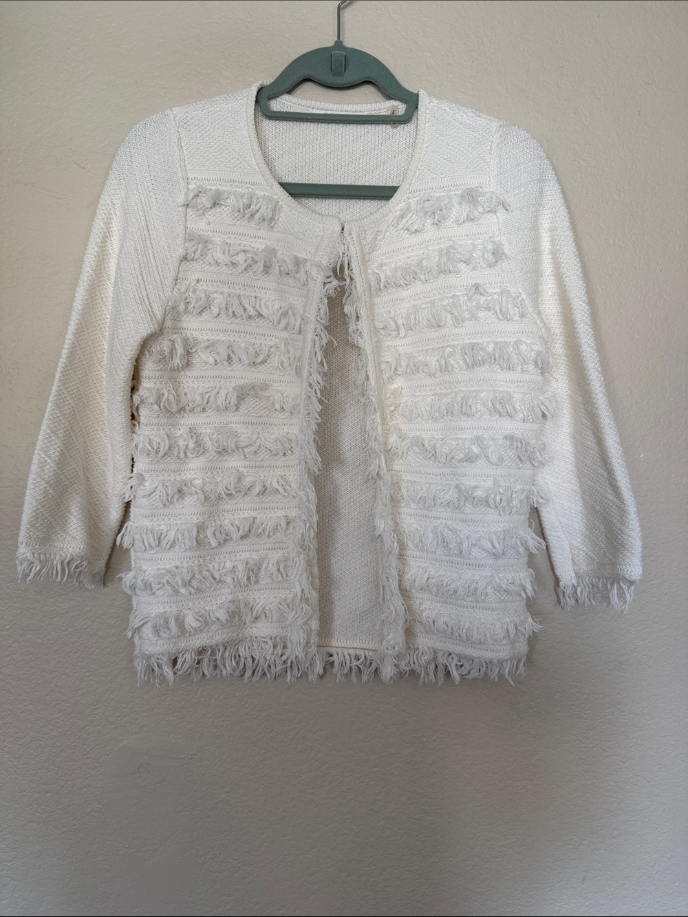 T Tahari White Fringe Knit Cardigan Sweater with 3/4 Sleeves Size S